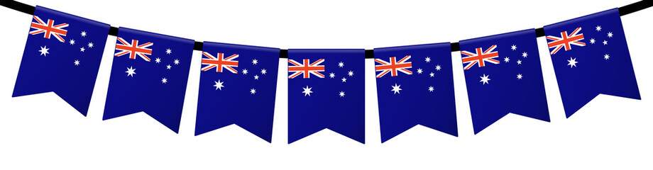 Seven triangular australia flag pennants used as festive party decoration. Suitable for australian themed events or national holidays display. © Sawah Maya