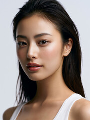 Fototapeta premium natural beauty portrait of east asian cosmetic model with dewy skin, elegant east asian woman with natural makeup and glossy lips, radiant asian beauty model with luminous skin and straight black hair