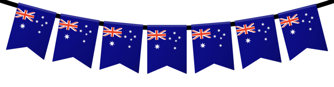 Seven triangular australia flag pennants used as festive party decoration. Suitable for australian themed events or national holidays display.