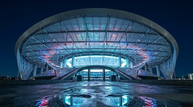 SoFi stadium in Inglewood, california at night, sleek architectural design, blue and red lighting.