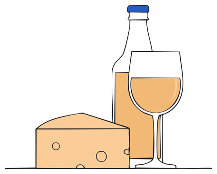 Minimalist vector illustration of a wine and cheese pairing with a bottle and glass