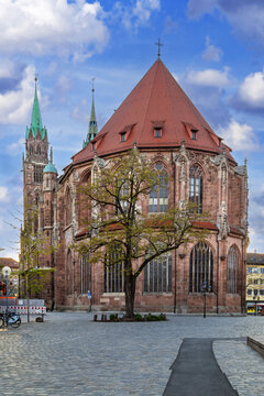 Gothic eastern apse of St. Lorenz Church in Nuremberg, Germany. Exterior view, medieval architecture under daylight