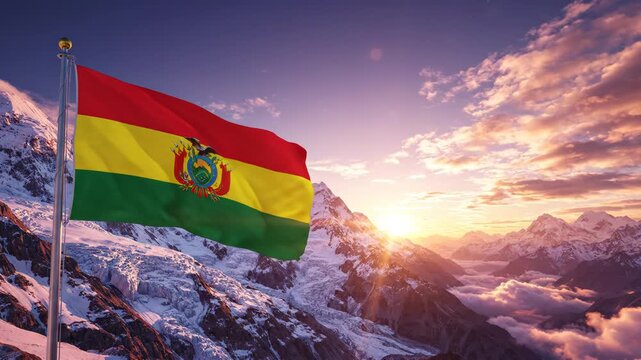 Bolivian flag on mountain peak at sunset
