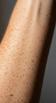 Extreme macro close-up of a freckled Caucasian forearm skin texture with warm natural light and soft shadow on a gray background, beauty skincare and dermatology concept with copy space