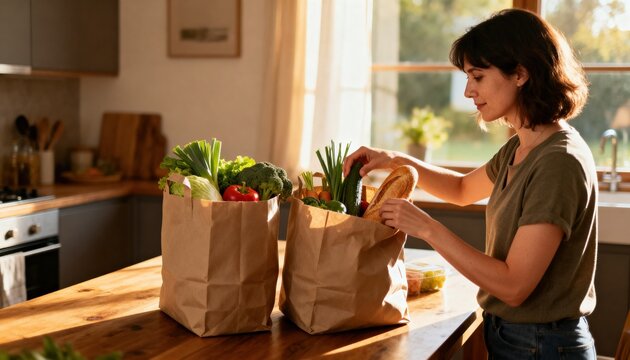 Young Caucasian woman in her thirties unpacking fresh groceries from paper bags on a wooden kitchen table in a bright sunlit home interior, vegetables and baguette, healthy lifestyle 