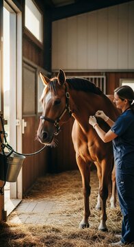Female veterinarian in navy blue scrubs administering an injection to a chestnut horse in a sunlit stable barn, large animal equine veterinary care, professional expertise 
