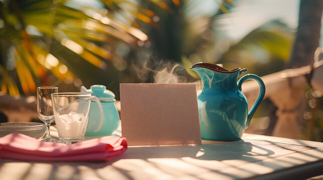 Handcrafted invitation card close-up on sunlit veranda with tilt‑shift effect, matte watercolor paper, tropical bokeh