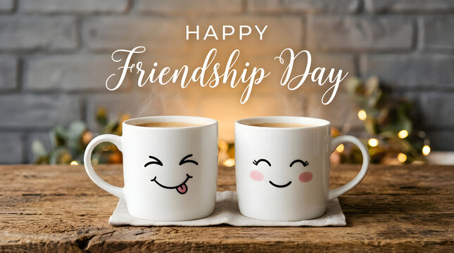 Two cute mugs with smiling faces celebrating international friendship day