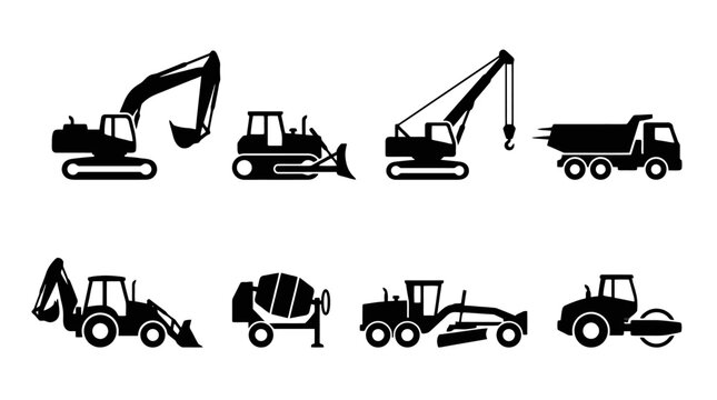 Black silhouettes of various construction vehicles.