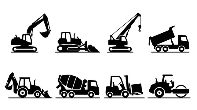 Black silhouettes of various construction vehicles.