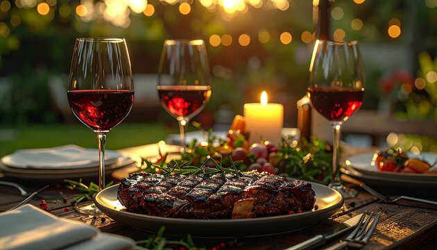 Elegant gedeckter Gartentisch f&uuml;r stilvolle Grillparty mit Steak und Wein