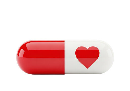 Red and white capsule with heart shape symbolizing love or health isolated on transparent background