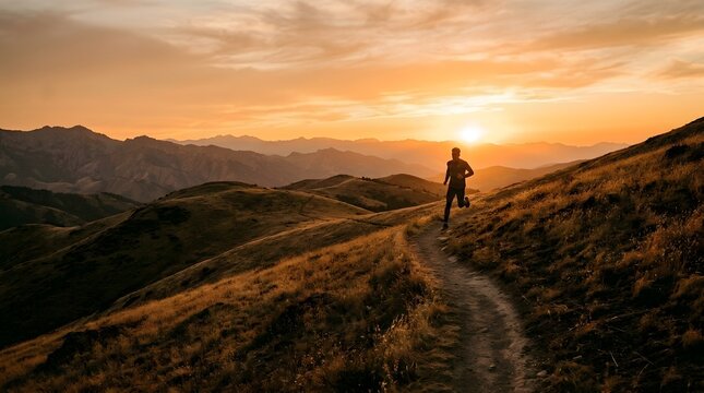Man jogging along mountain ridge trail at sunset with orange sky and beautiful landscape.