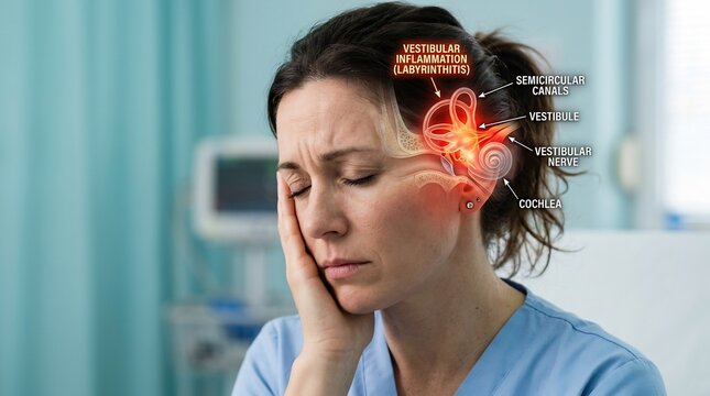 Patient suffering from vestibular inflammation feels dizzy as a medical diagram highlights the inner ear structures to explain the root cause of equilibrium disruption and severe vertigo symptoms.