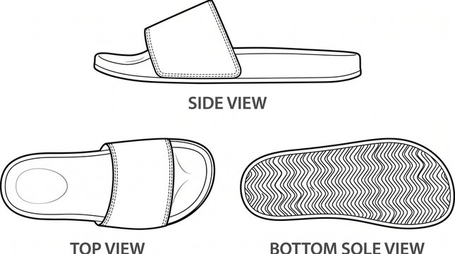 Technical fashion flat sketch of a slide sandal showing side, top, and bottom sole views.