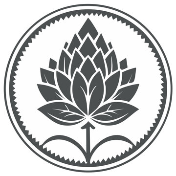 Elegant circular hop flower emblem. Isolated stylized hop blossom for beer industry or branding projects. Botanical motif in circle border.