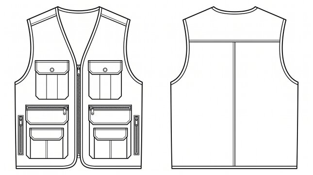 Utility vest technical fashion flat sketch showing front and back views. Sleeveless gilet apparel design template.