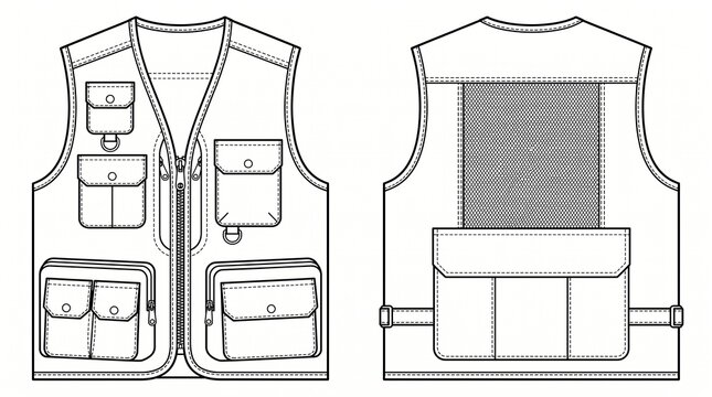 Sleeveless utility vest fashion flat sketch with front and back views, isolated on a white background.