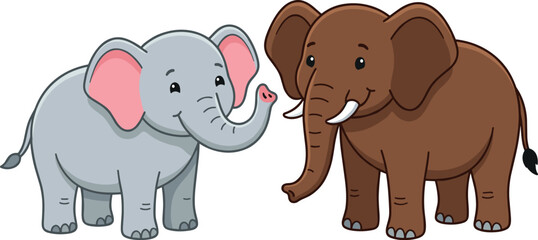 Naklejka premium Cute Cartoon Elephant Pair Vector Illustration with Baby and Adult for Kids Safari Animal Wildlife and Jungle Design