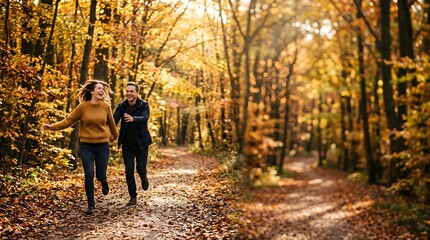 Fototapeta premium Happy couple running on a trail in an autumn forest during golden hour