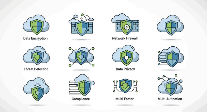 Cloud Security Icons Set Data Protection Network Firewall Threat Detection.