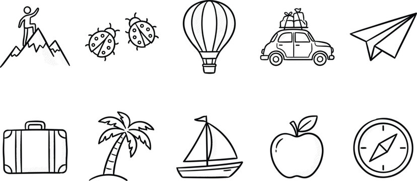 Minimalist line art vector icons set including mountain climbing, travel, transportation, nature, adventure, and exploration concepts
