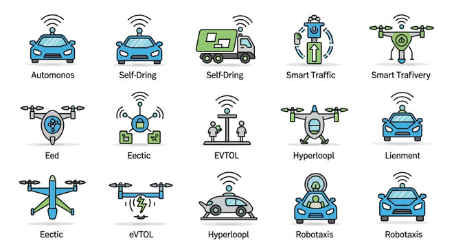 Collection of autonomous vehicle and drone icons.
