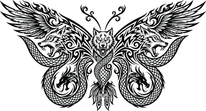 Intricate tribal butterfly vector design combining fierce wolf heads dragon symbols snake scales and gothic feather wing tattoo art