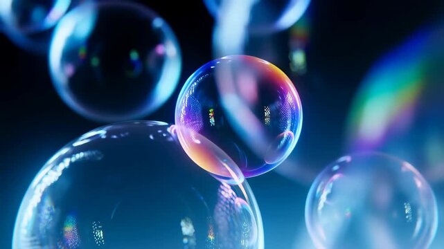 Bubbles Floating in a Blue Background with Vibrant Reflections and Light Refraction Featuring Transparent, Macro, Close-Up with Shiny and Colorful