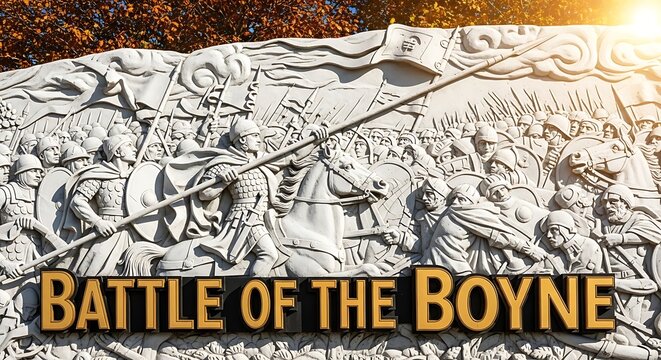 Stone relief sculpture depicting the battle of the boyne with soldiers and a central horseman in armor