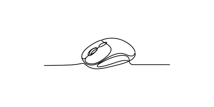 A minimalist line drawing of a computer mouse on a white surface with a cord