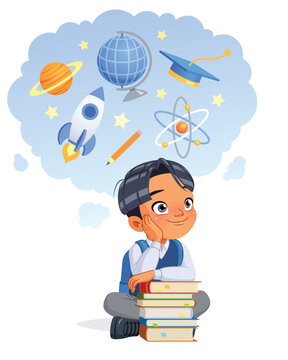 Young Asian school boy dreaming of a career in science. Cartoon vector illustration.