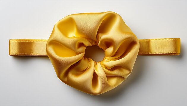 luxurious yellow satin scrunchie hair accessory seen from above on white background