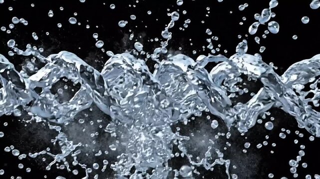 A flowing 3D water sphere dissolving into splashes over a black background with alpha channel transparency. The liquid expands gracefully into floating droplets and swirling streams 