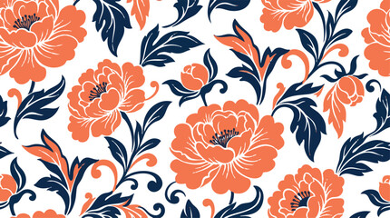 Seamless floral pattern with orange peonies and dark blue leaves elegant botanical background for textile design © MSTSORZO