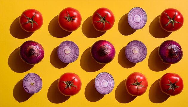 red tomatoes and purple onions arranged in a pattern on yellow background with shadows fresh vegetables healthy food concept colorful and vibrant composition