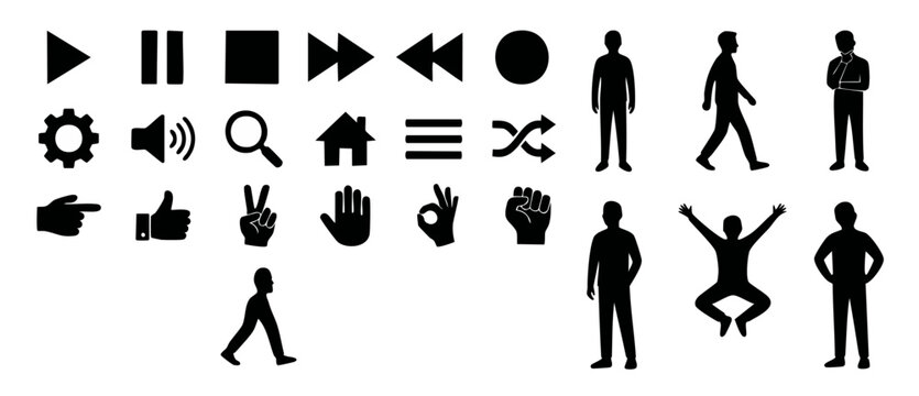 Black silhouette vector icons set featuring human figures, media controls, hand gestures, and various people poses, ideal for web interface design, digital navigation, and minimalist graphic templates