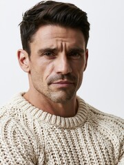 Fototapeta premium Close-up portrait of a rugged man with intense eyes wearing a textured knit sweater