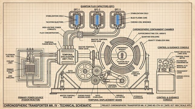Vintage blueprint technical schematic of a chronospheric transporter time machine with quantum flux capacitors, temporal fusion reactor and sci-fi engineering details on graph paper.