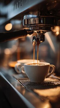 Coffee brewing process in a cafe with espresso machine at morning hours in a busy city