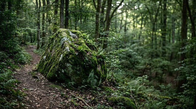 Mossy rock boulder beside a narrow dirt trail in a dense green forest