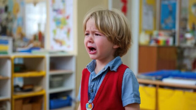 Child shows tears in classroom during playtime with classmates at preschool in the morning hours while teachers assist and comfort him
