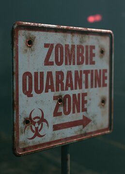 Rusty zombie quarantine zone sign with biohazard symbol and bullet holes