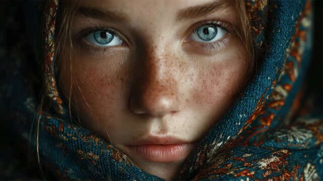 Girl with blue eyes wearing a colorful scarf shows natural expressions in a close-up shot during evening light