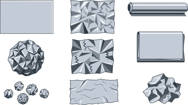 Aluminum Foil Paper and Crumpled Metallic Sheet Vector Set with Food Packaging Foil Roll Silver Crumpled Balls and Ripped Textured Strips for Cooking Designs