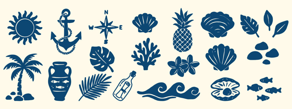 Linocut style coastal summer icon set. dark blue sun, anchor, compass, shell, pineapple, palm tree, wave, message bottle. for beach resort branding, tropical travel. coastal vector art.