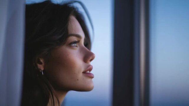 Woman looks out of window at sunset while deep in thought in a high-rise room in the city