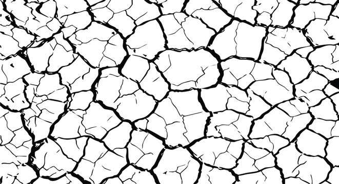 Abstract grunge cracked earth texture. black line fissures, dried mud fractures, polygon shapes, split soil. for distressed typography masks, arid desert backgrounds. seamless vector pattern.