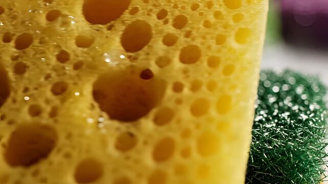 Close up of wet yellow sponge with water droplets macro photography.