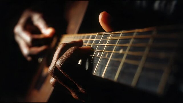 Fingers move over guitar strings in a dark room capturing the essence of music and creativity during an evening jam session